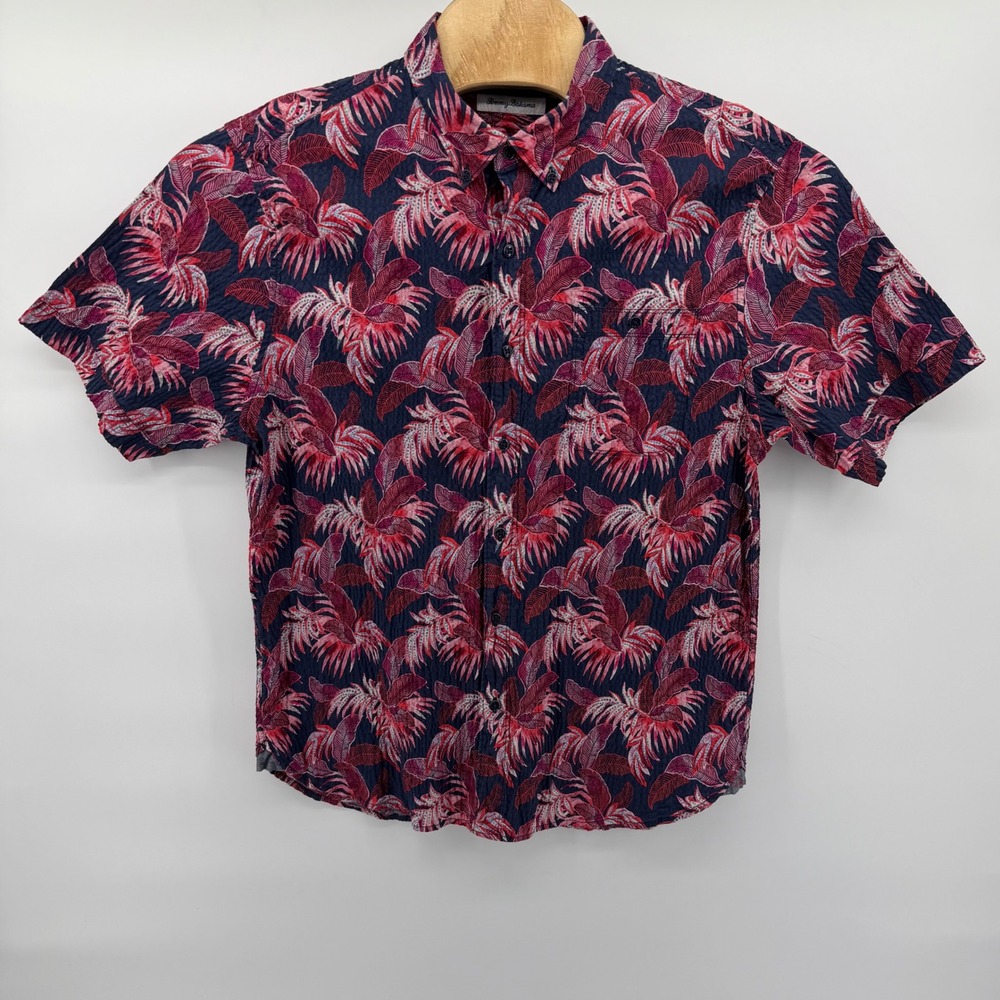 Tommy Bahama Shirt Mens Large Navy Pink Tropical Leaf Seersucker Button Down - Picture 2 of 9